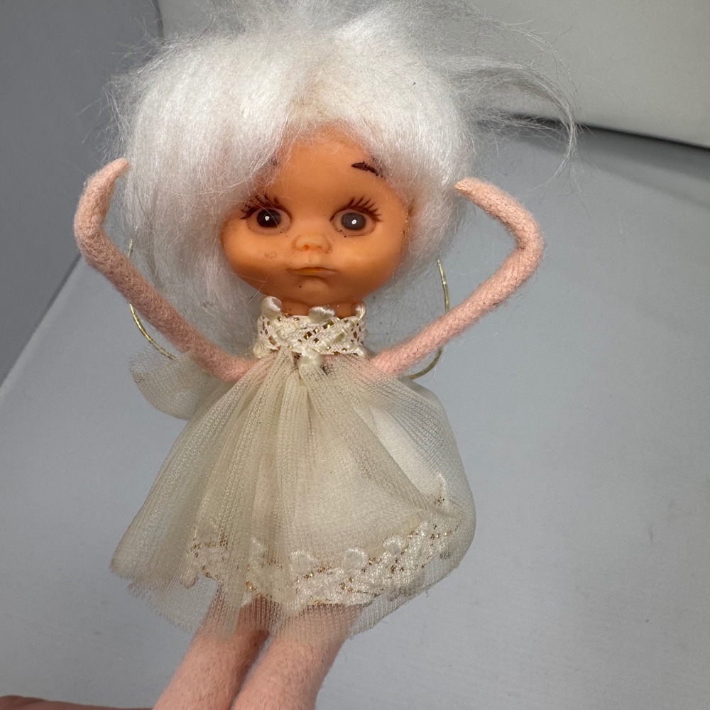 Vintage 1950s Pixie Angel Christmas Ornament Japan Fairy Wings White Bendable